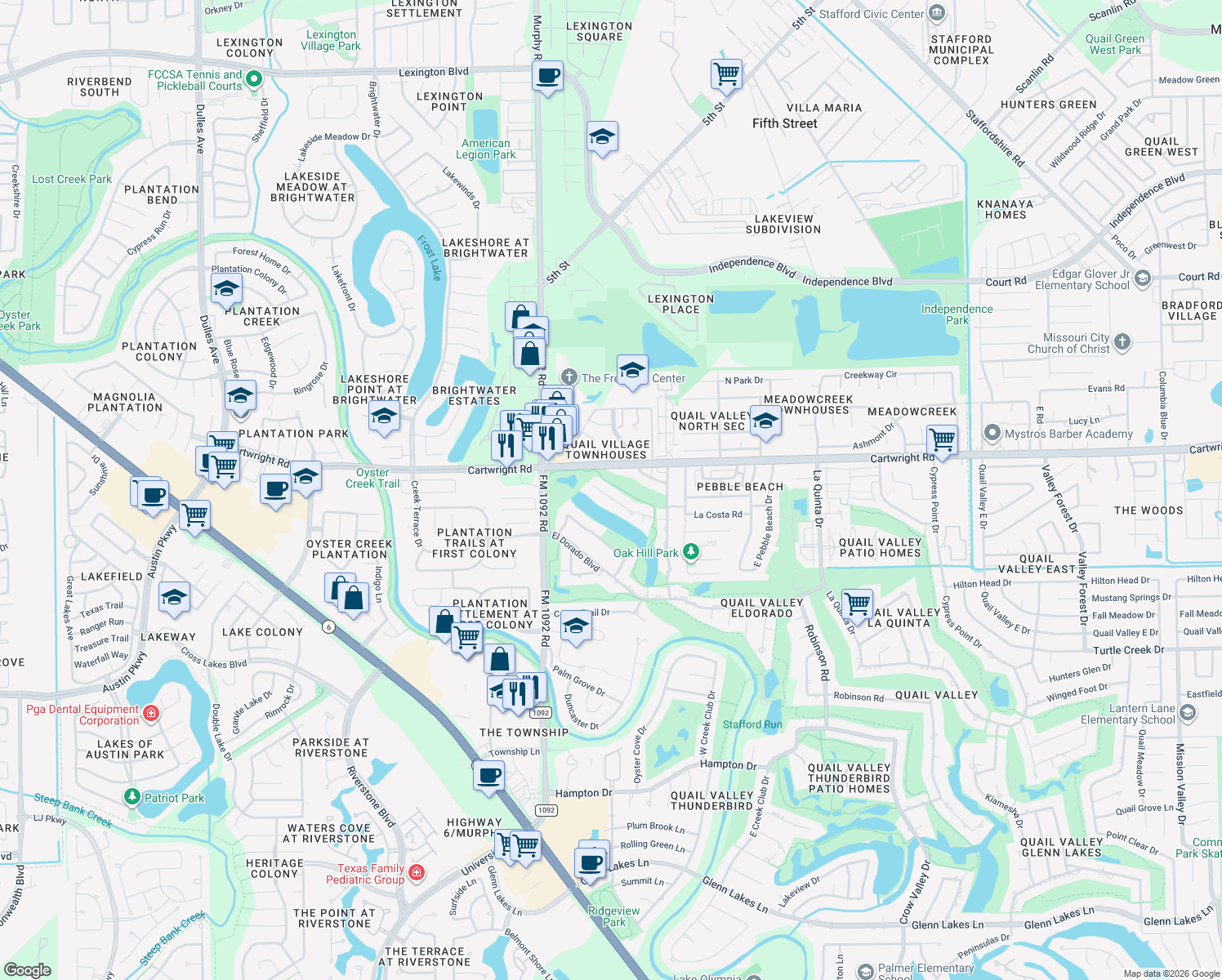 map of restaurants, bars, coffee shops, grocery stores, and more near 3602 La Costa Road in Missouri City