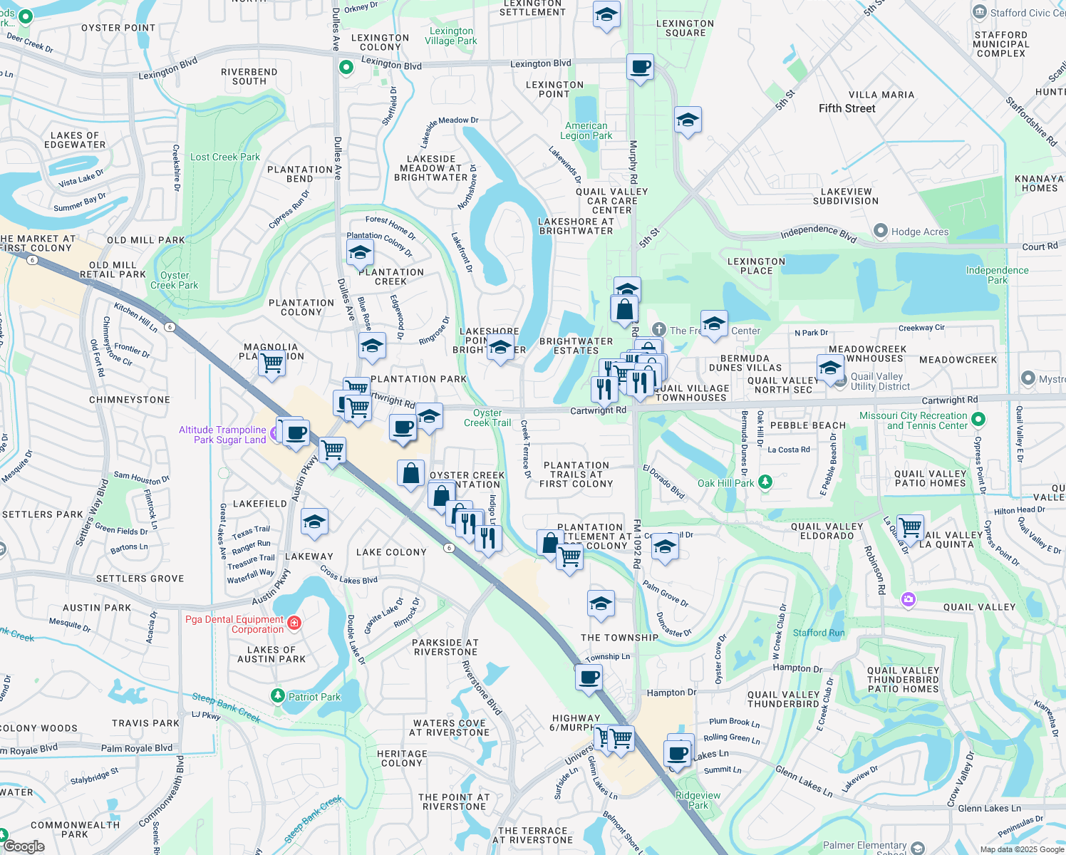 map of restaurants, bars, coffee shops, grocery stores, and more near 4118 Creek Hollow Lane in Missouri City