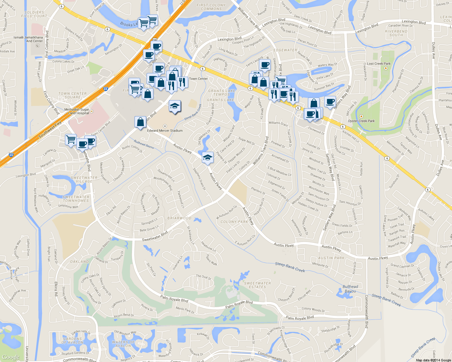 map of restaurants, bars, coffee shops, grocery stores, and more near 2930 Colony Dr in Sugar Land