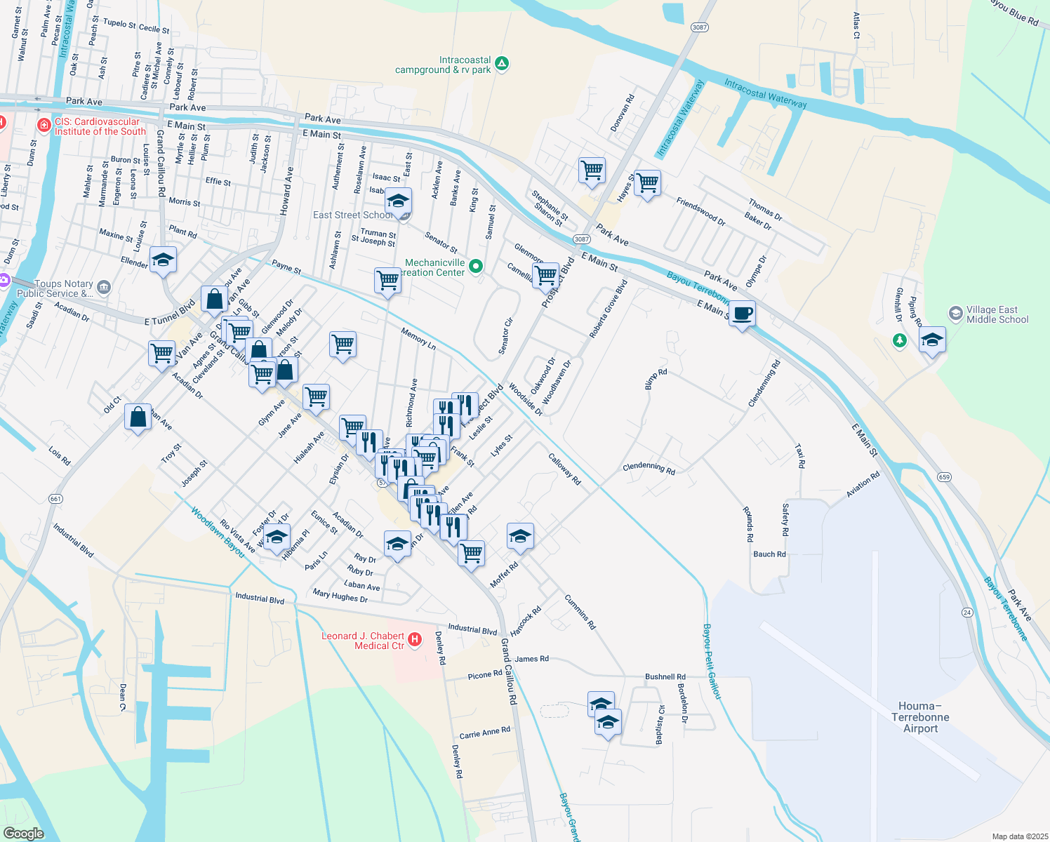 map of restaurants, bars, coffee shops, grocery stores, and more near 299 Lyles St in Houma