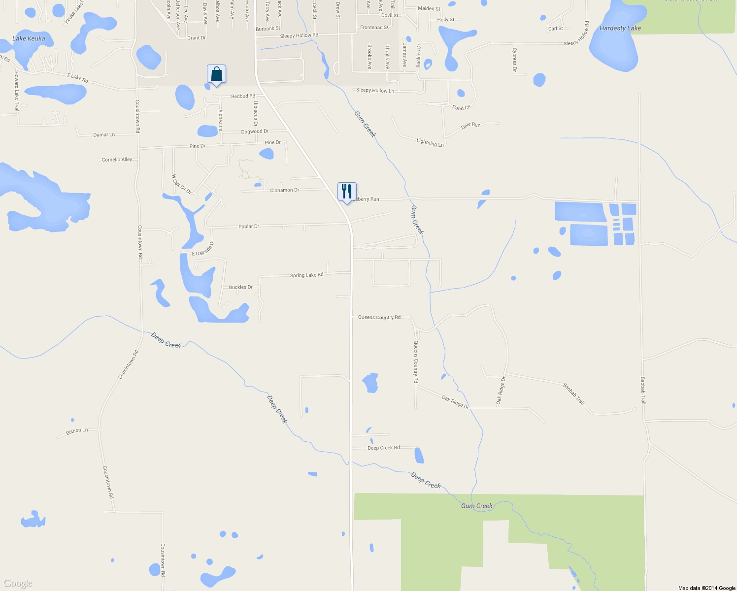 map of restaurants, bars, coffee shops, grocery stores, and more near 110 Mahogany Lane in Interlachen