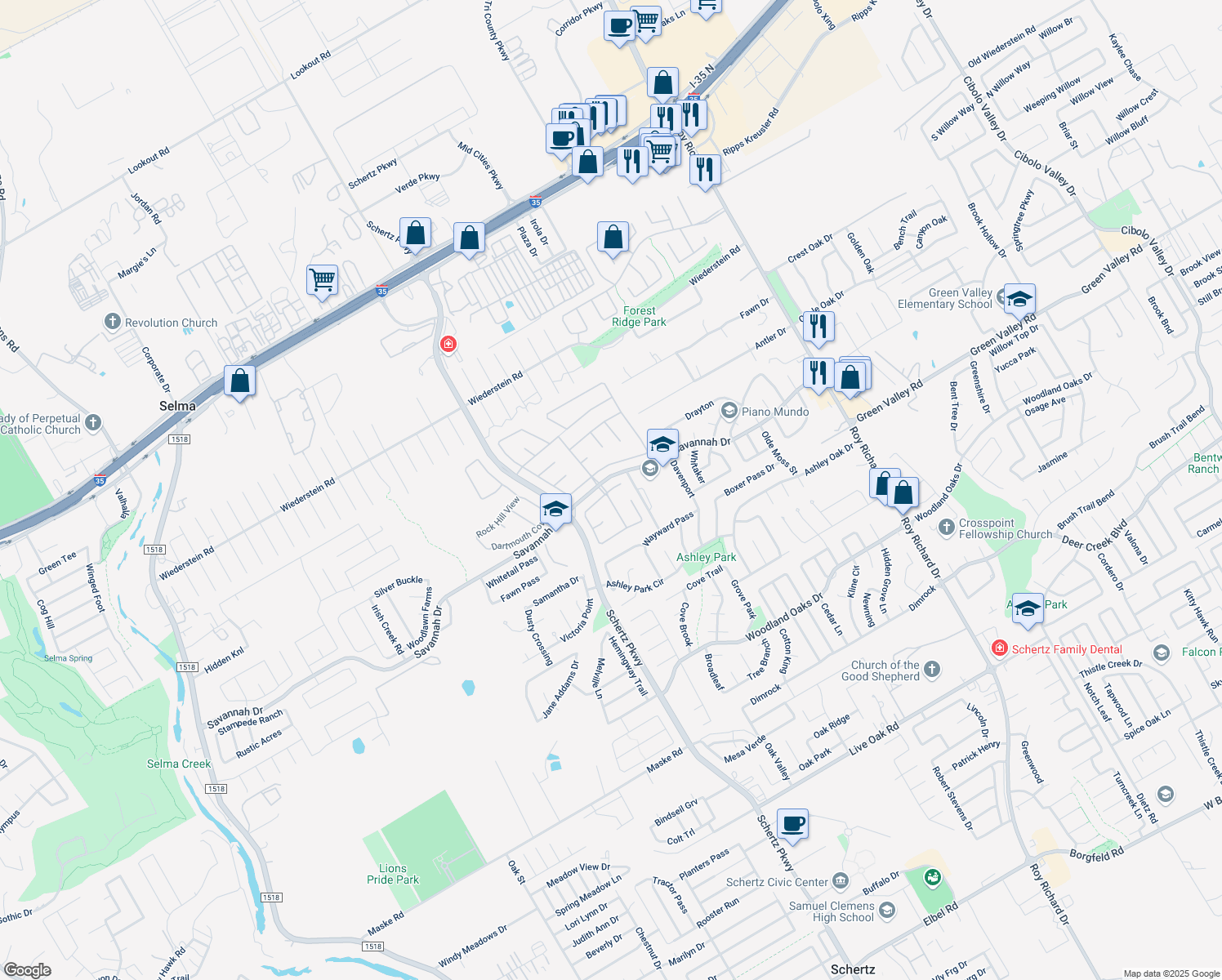 map of restaurants, bars, coffee shops, grocery stores, and more near 3577 Peachtree Lane in Schertz