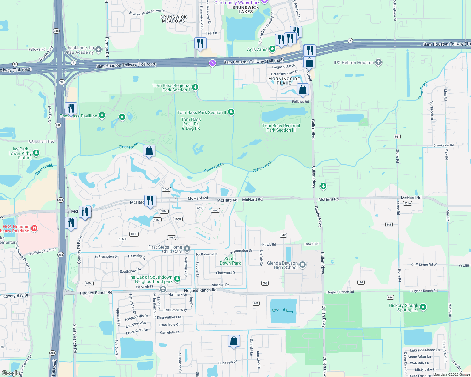 map of restaurants, bars, coffee shops, grocery stores, and more near 3855 Arbor Drive in Pearland