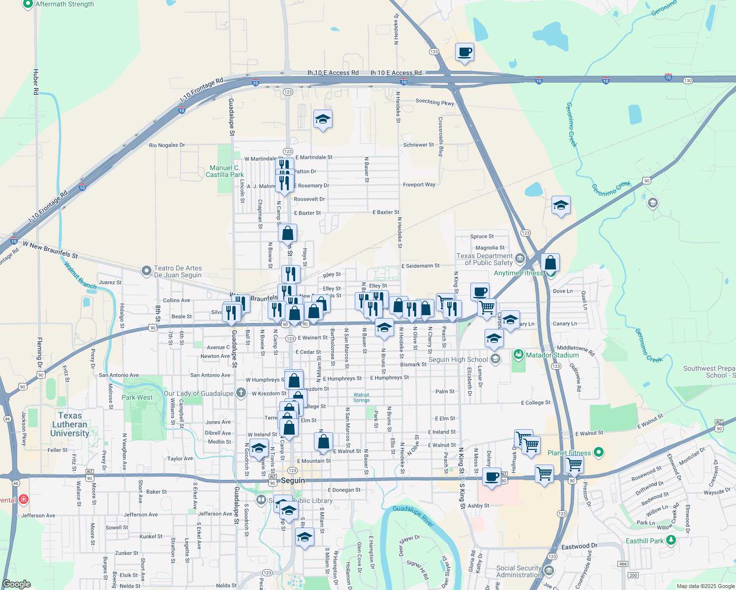 map of restaurants, bars, coffee shops, grocery stores, and more near 719 East New Braunfels Street in Seguin