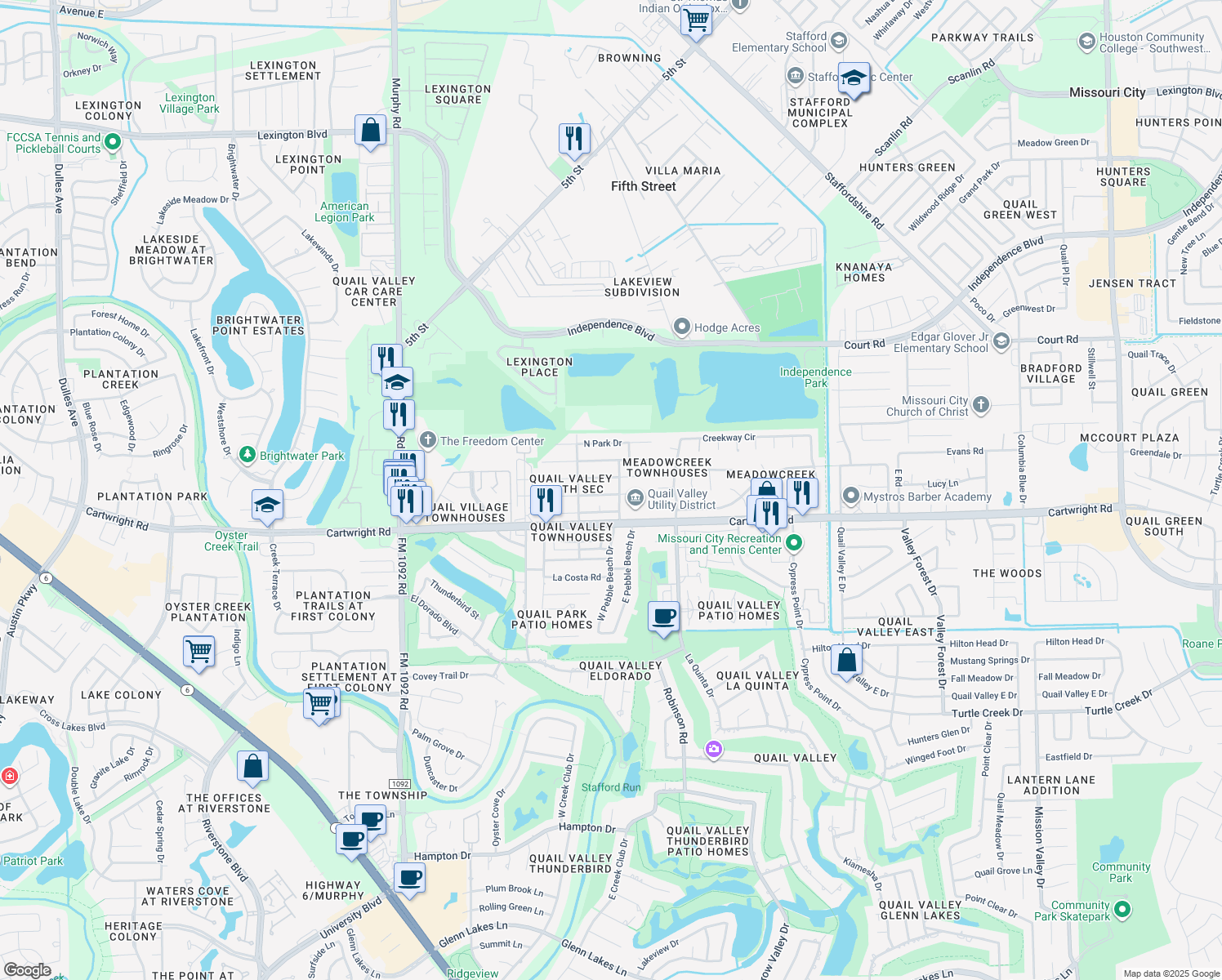 map of restaurants, bars, coffee shops, grocery stores, and more near 3206 Greenridge Dr in Missouri City
