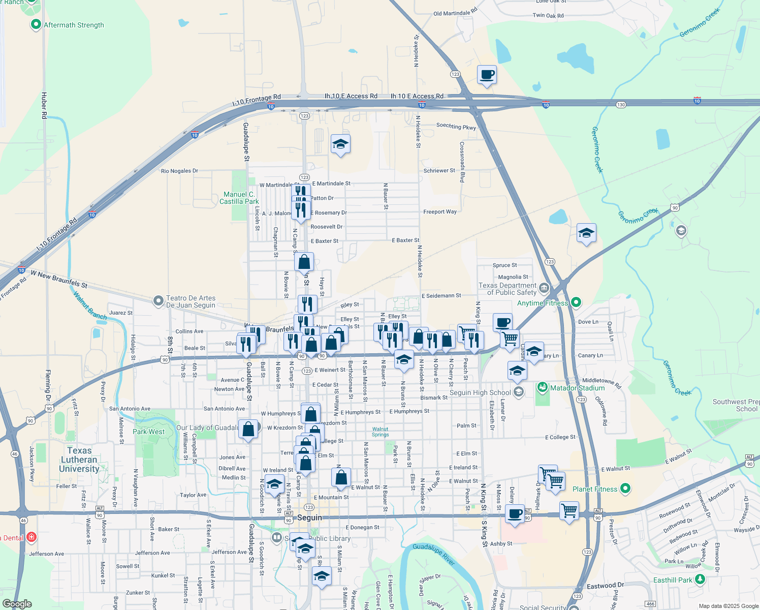 map of restaurants, bars, coffee shops, grocery stores, and more near 1555 Sunset Street in Seguin