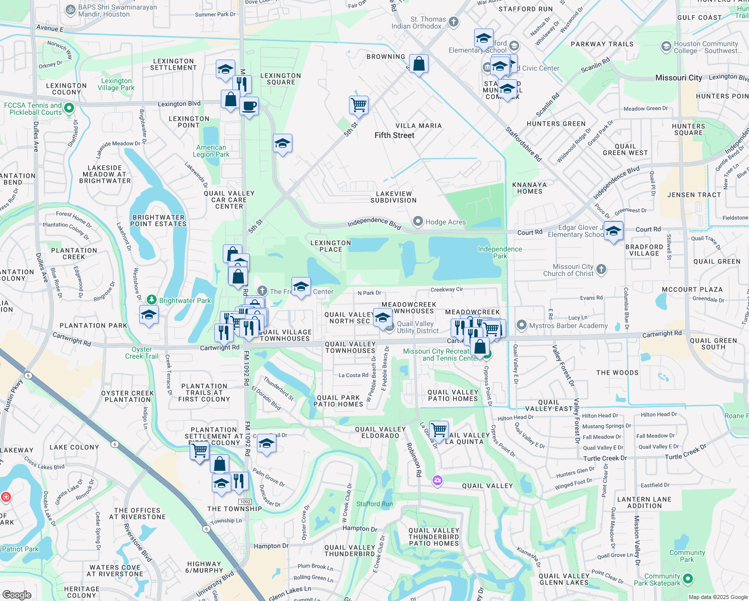 map of restaurants, bars, coffee shops, grocery stores, and more near 3206 Meadowcreek Dr in Missouri City