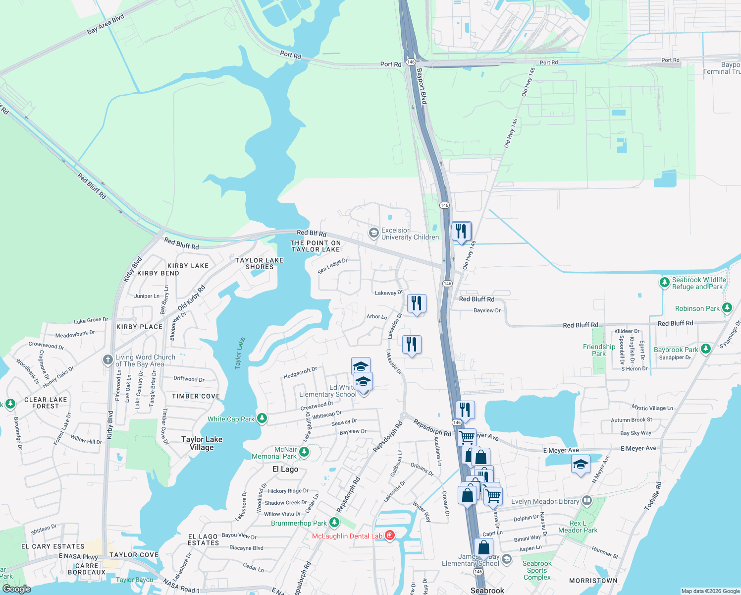 map of restaurants, bars, coffee shops, grocery stores, and more near 2649 Lakeway Dr in Seabrook