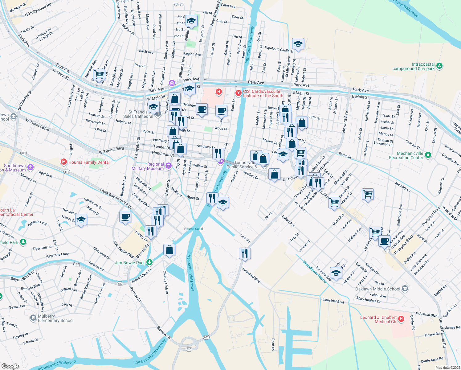 map of restaurants, bars, coffee shops, grocery stores, and more near 874 Saadi St in Houma