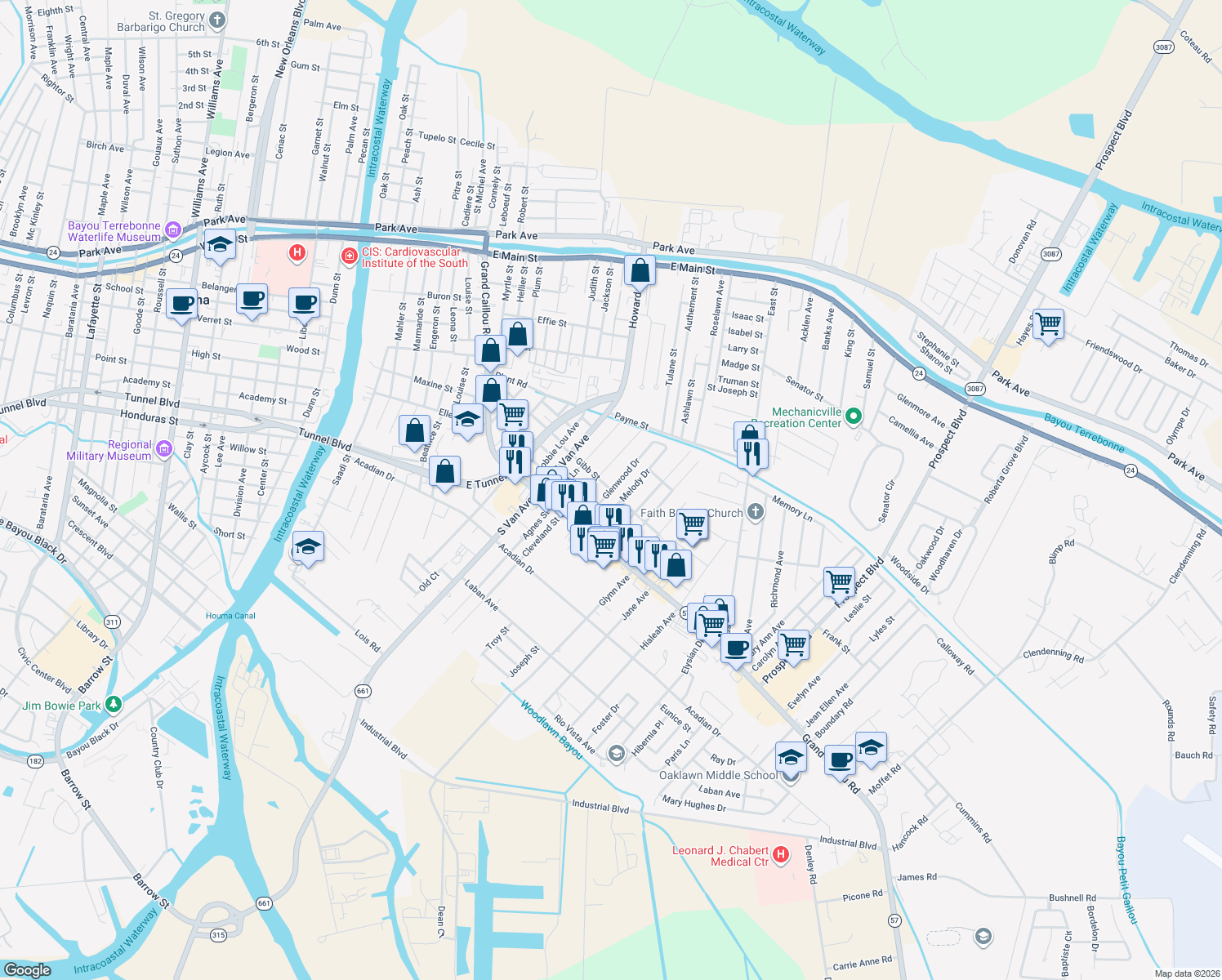 map of restaurants, bars, coffee shops, grocery stores, and more near 1399 Gibb St in Houma