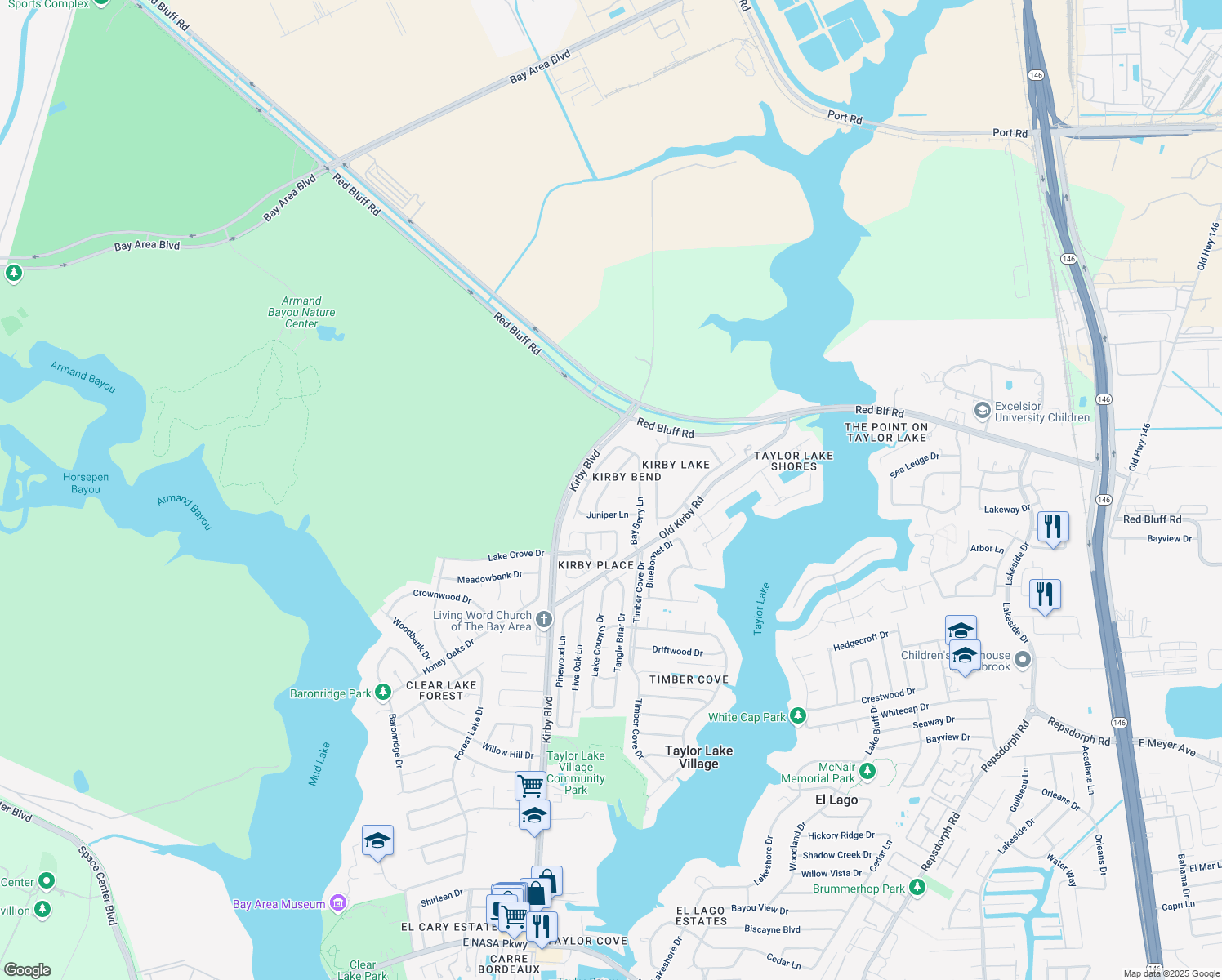map of restaurants, bars, coffee shops, grocery stores, and more near 1622 Evergreen Lane in Seabrook