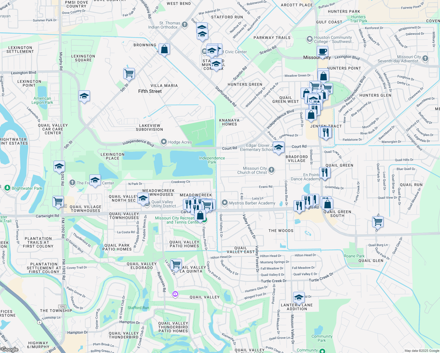 map of restaurants, bars, coffee shops, grocery stores, and more near 2136 Valley Manor Drive in Missouri City