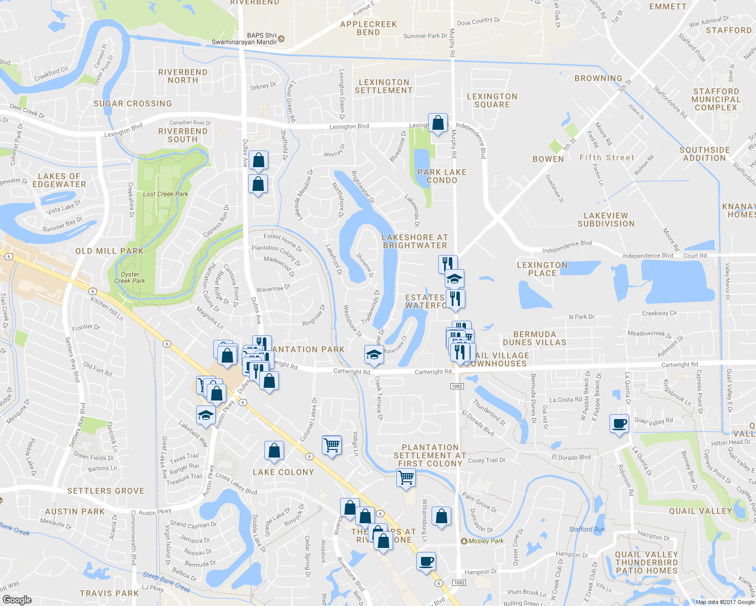 map of restaurants, bars, coffee shops, grocery stores, and more near 2019 Tradewinds Drive in Missouri City