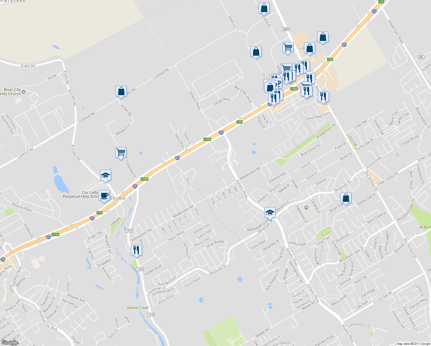 map of restaurants, bars, coffee shops, grocery stores, and more near Nile in Schertz