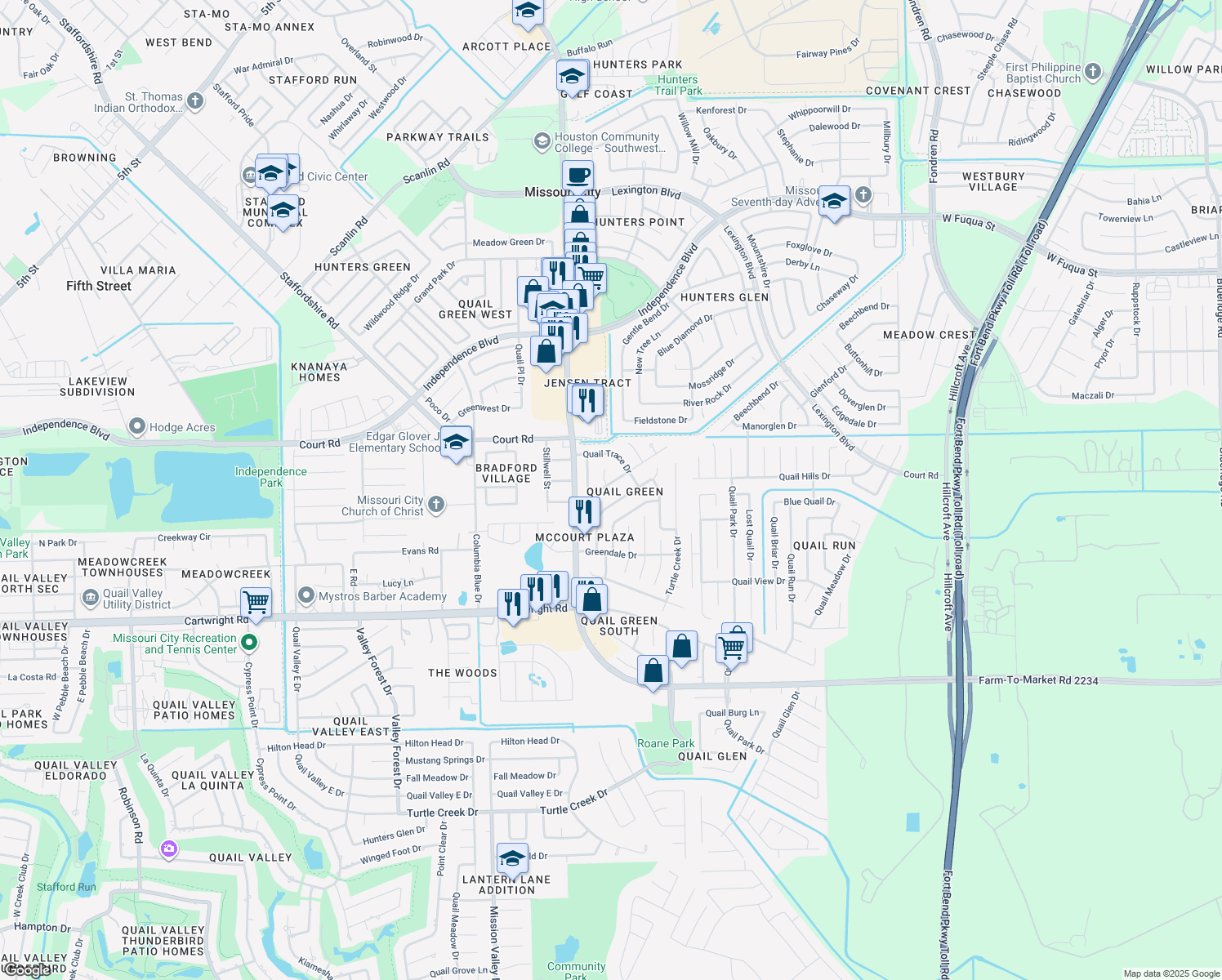 map of restaurants, bars, coffee shops, grocery stores, and more near 1527 Lazy Spring Dr in Missouri City