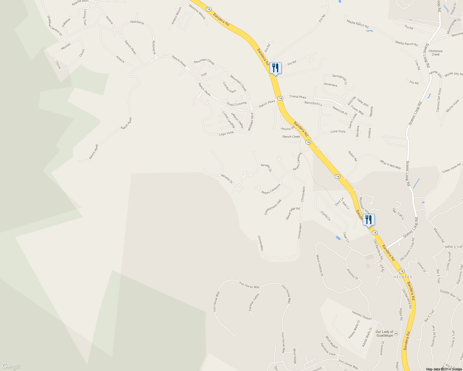 map of restaurants, bars, coffee shops, grocery stores, and more near 15659 Gray Oak in Helotes