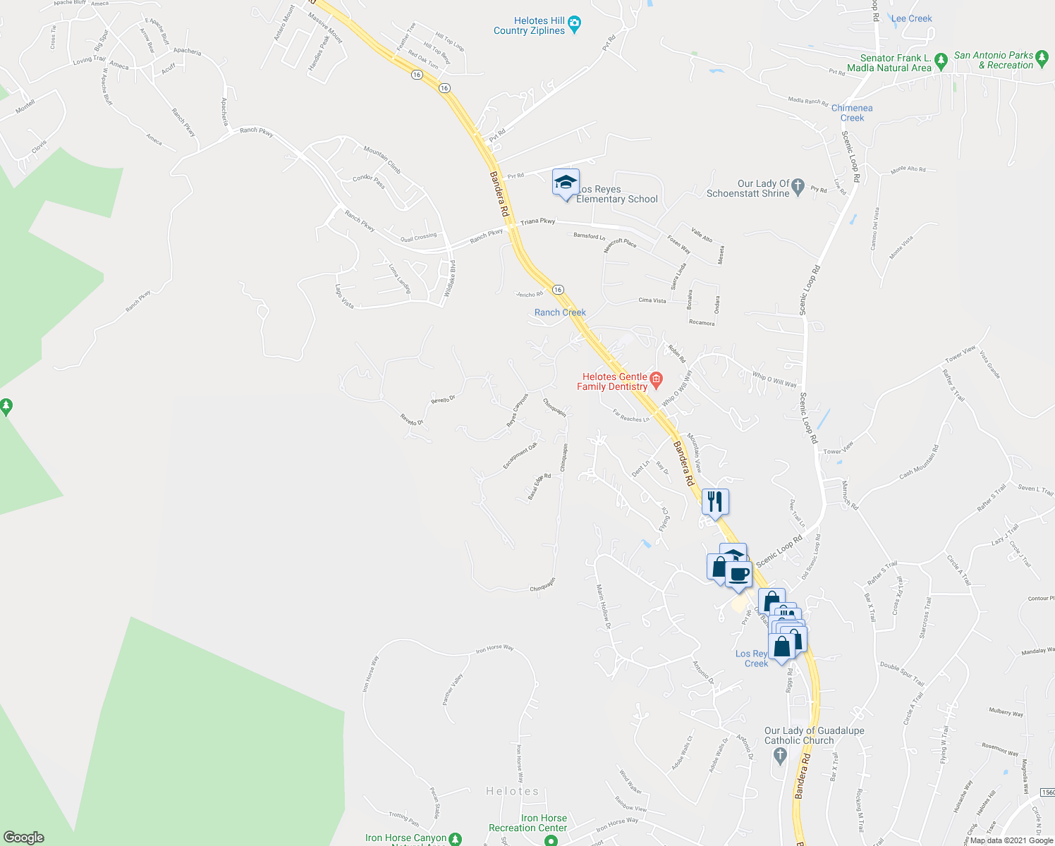 map of restaurants, bars, coffee shops, grocery stores, and more near 15656 Escarpment Oak in Helotes