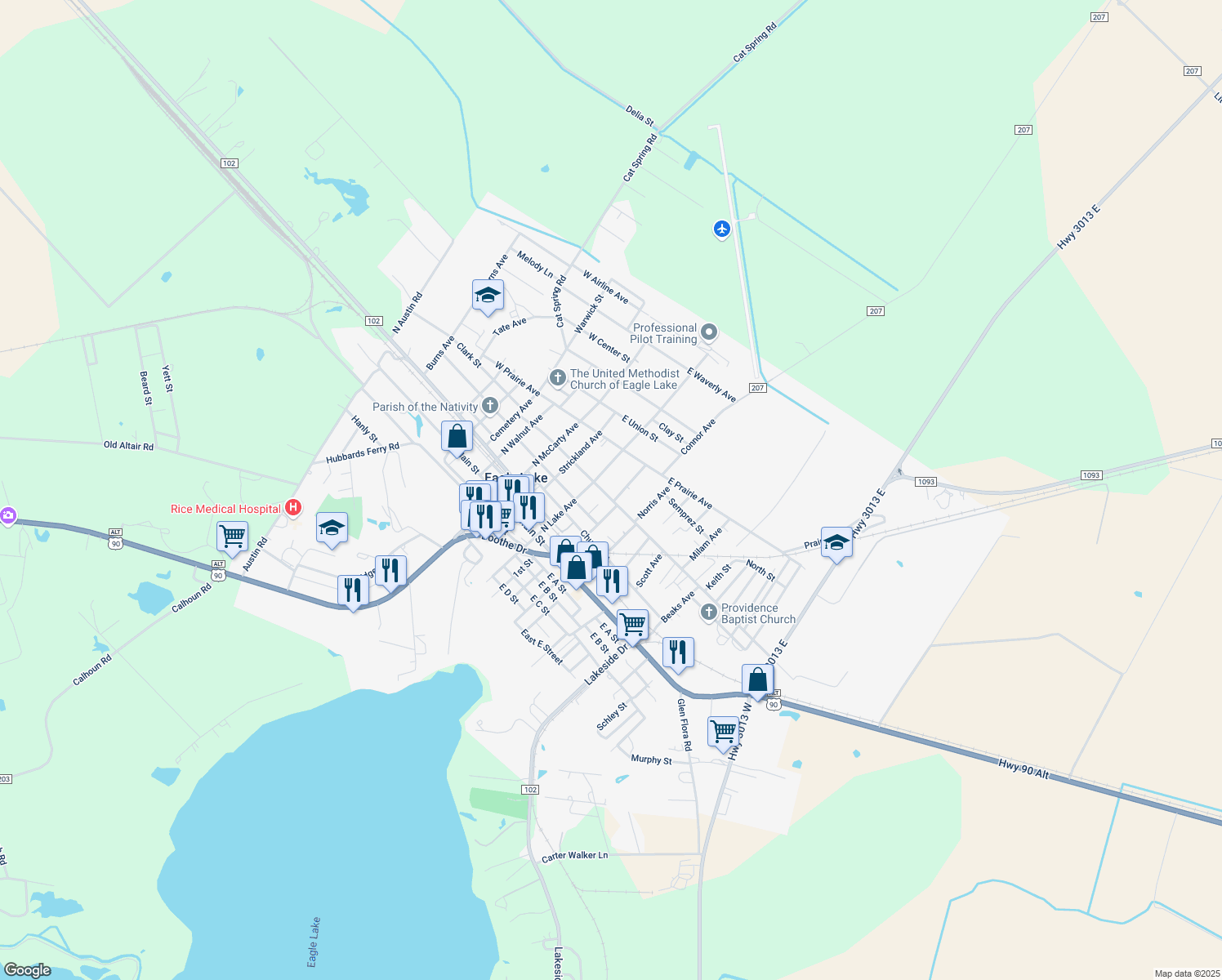 map of restaurants, bars, coffee shops, grocery stores, and more near 416 East State Street in Eagle Lake