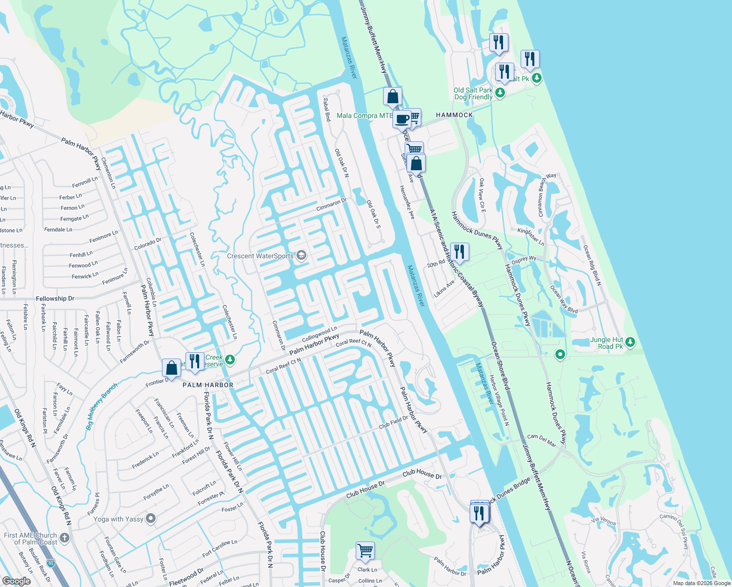 map of restaurants, bars, coffee shops, grocery stores, and more near 22 Cottonton Court in Palm Coast