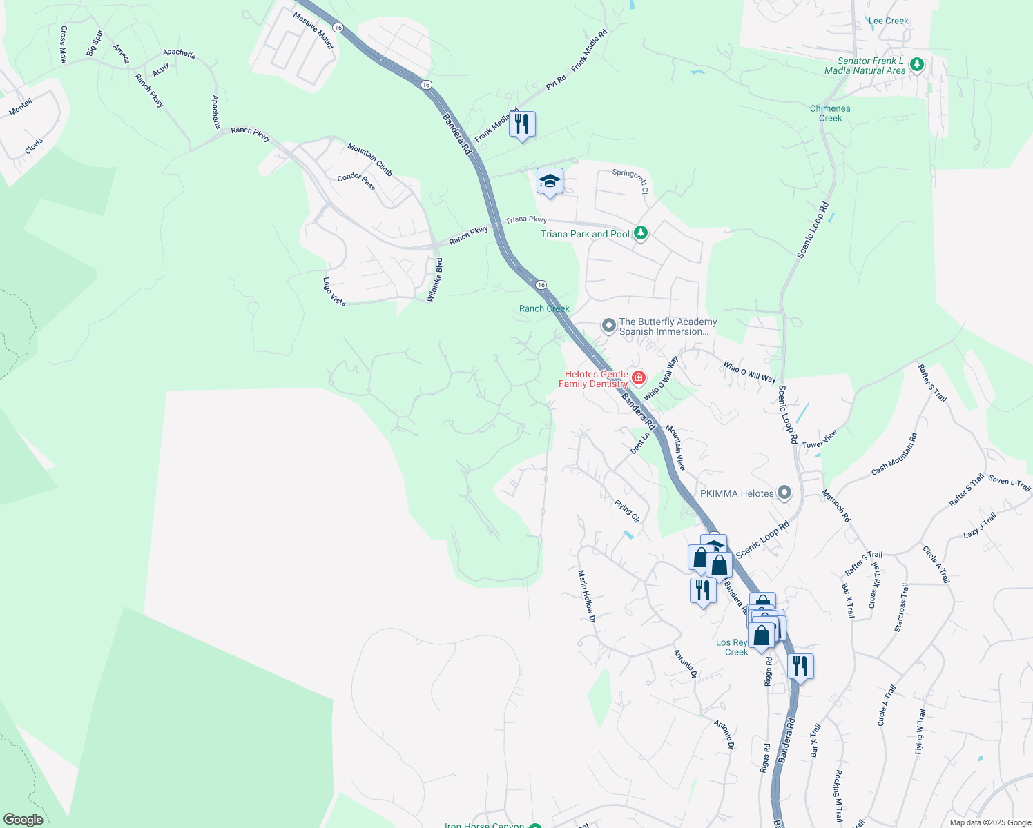 map of restaurants, bars, coffee shops, grocery stores, and more near 15656 Escarpment Oak in Helotes
