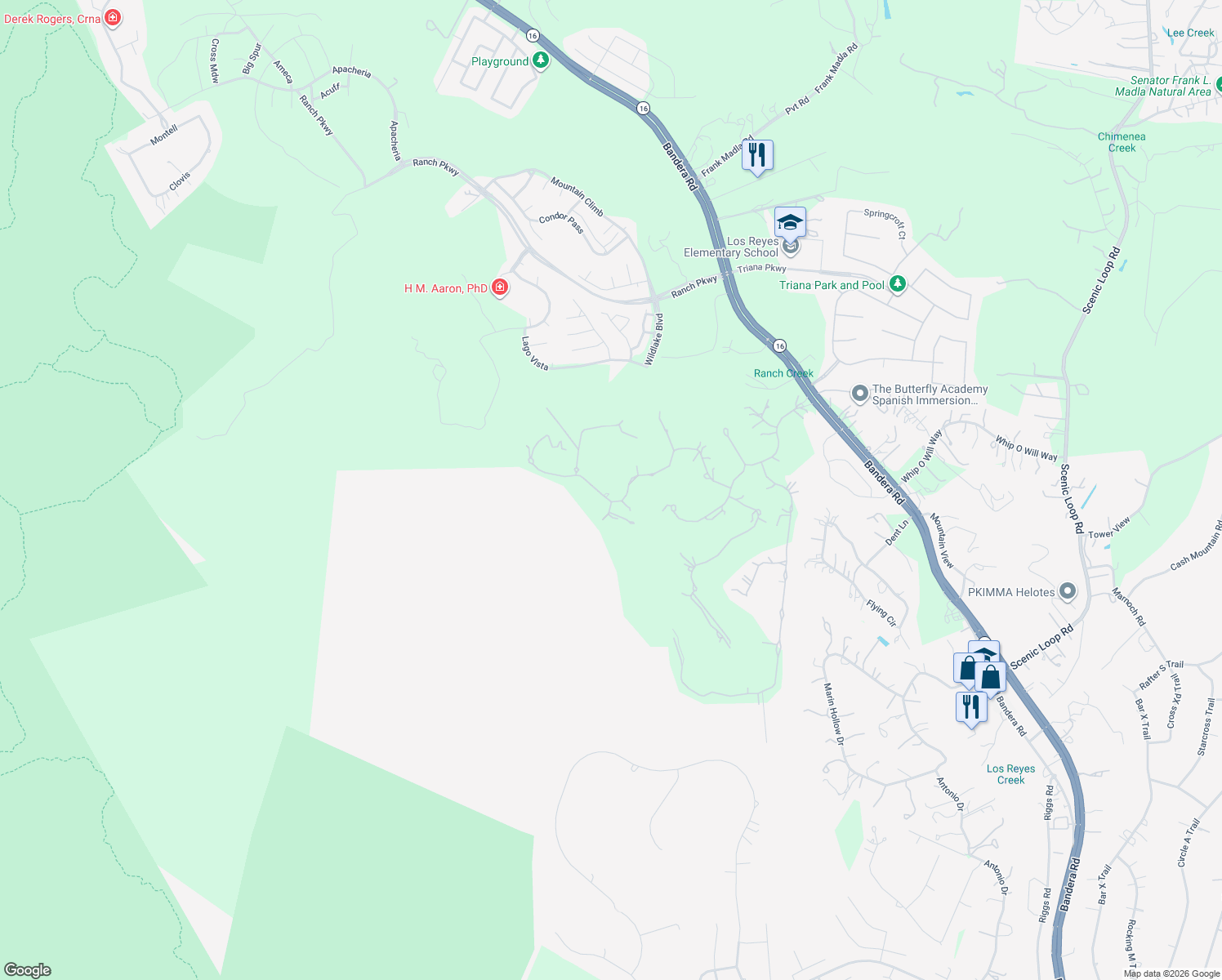 map of restaurants, bars, coffee shops, grocery stores, and more near 15659 Gray Oak in Helotes