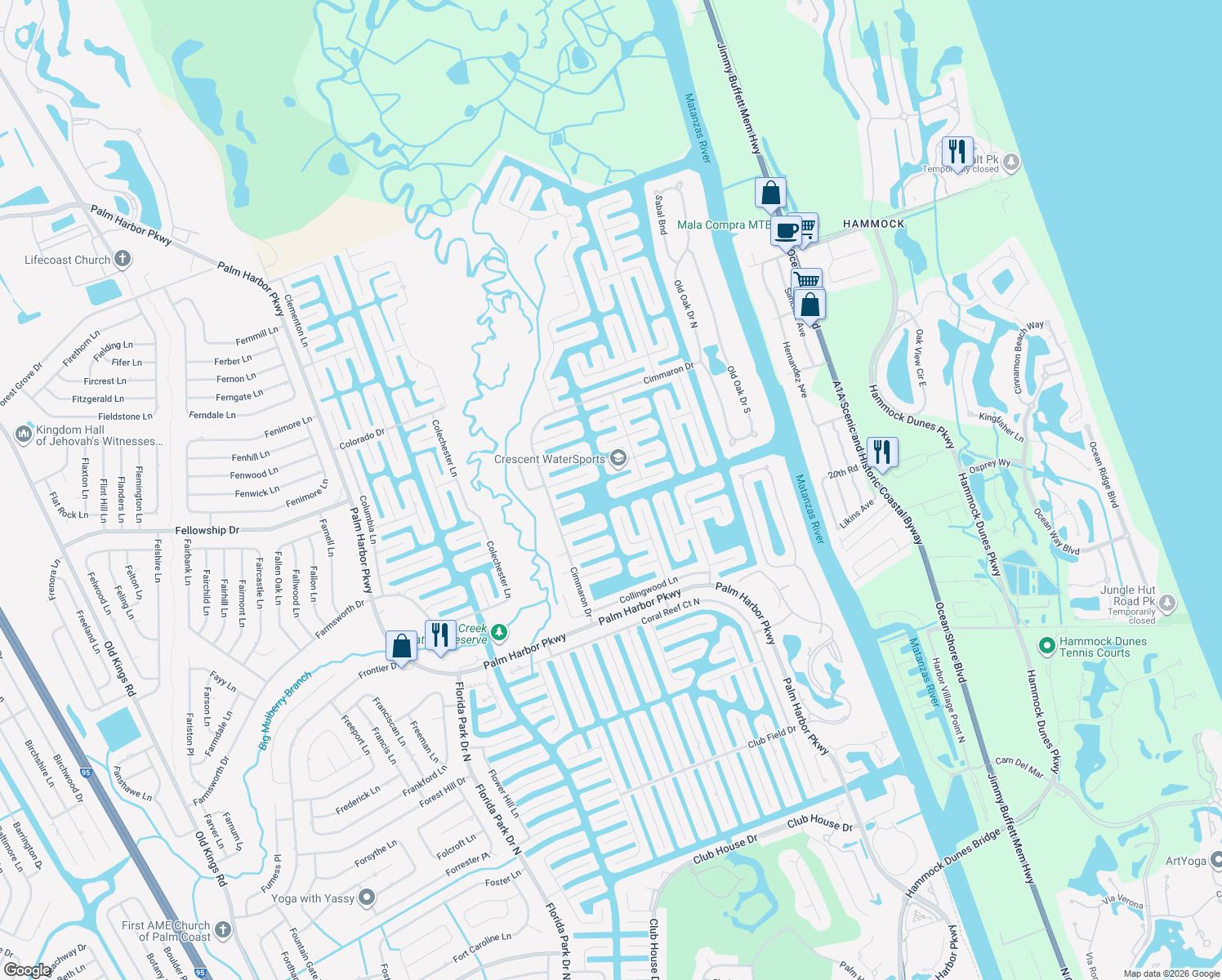 map of restaurants, bars, coffee shops, grocery stores, and more near 28 Crossbow Court in Palm Coast