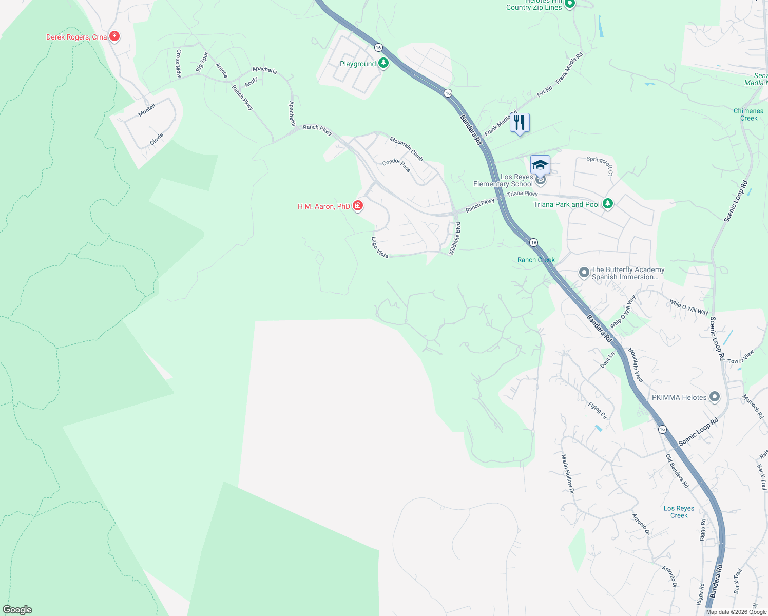 map of restaurants, bars, coffee shops, grocery stores, and more near 16547 Revello Drive in Helotes