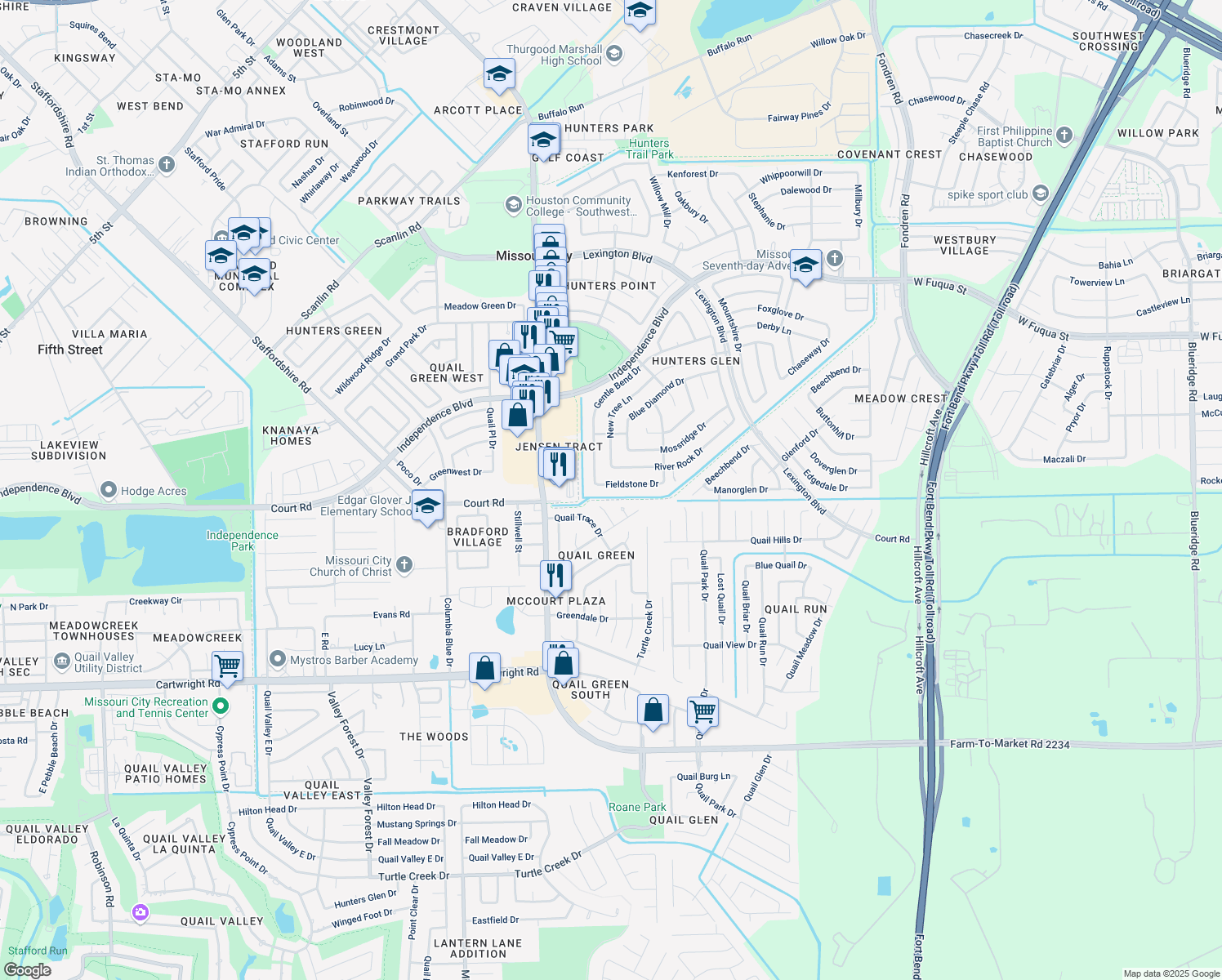 map of restaurants, bars, coffee shops, grocery stores, and more near 1423 Fieldstone Drive in Missouri City