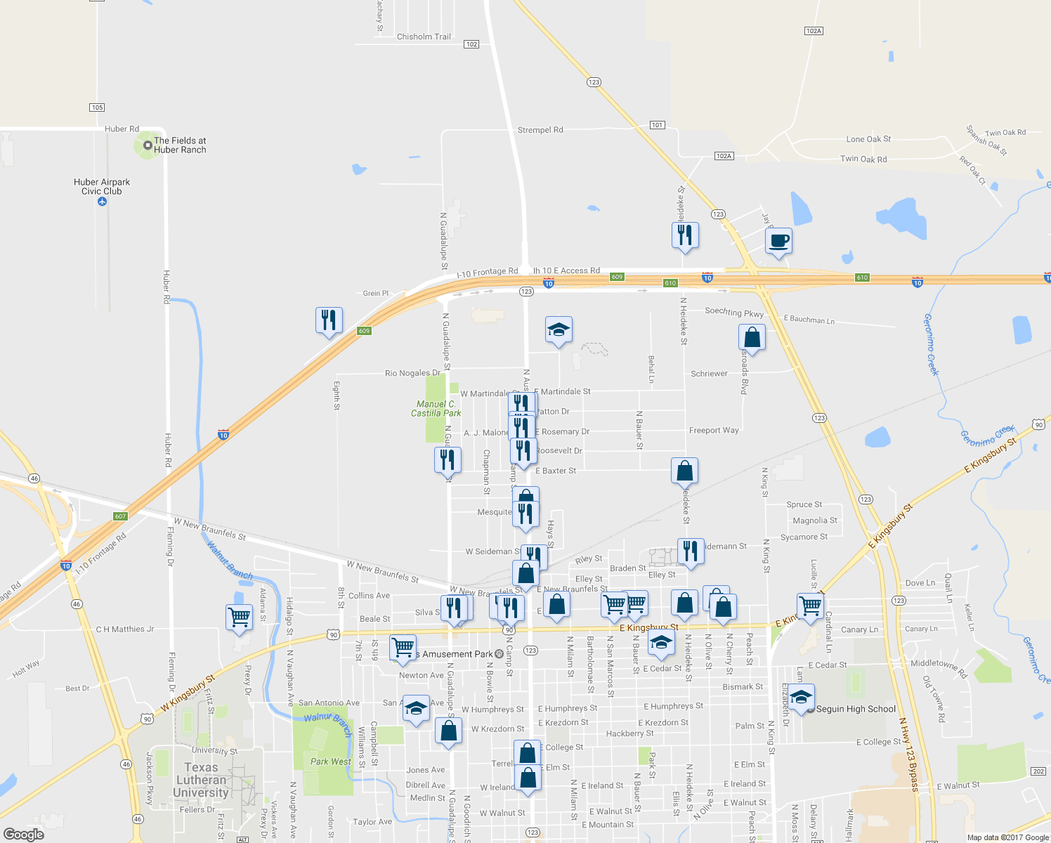 map of restaurants, bars, coffee shops, grocery stores, and more near 2216 North Austin Street in Seguin