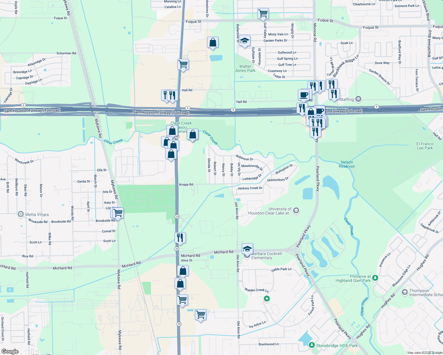 map of restaurants, bars, coffee shops, grocery stores, and more near 1134 Nancy Street in Pearland