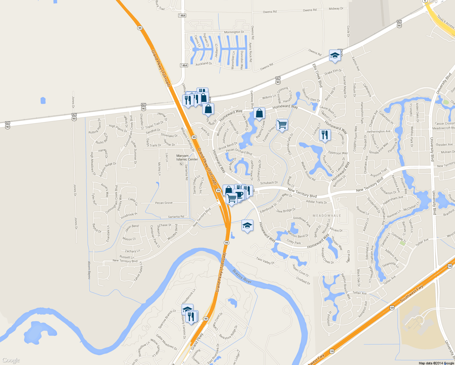 map of restaurants, bars, coffee shops, grocery stores, and more near 5801 New Territory Boulevard in Sugar Land