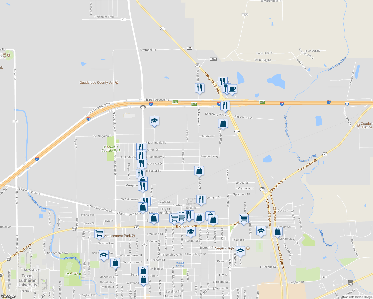 map of restaurants, bars, coffee shops, grocery stores, and more near 711 Patton Drive in Seguin