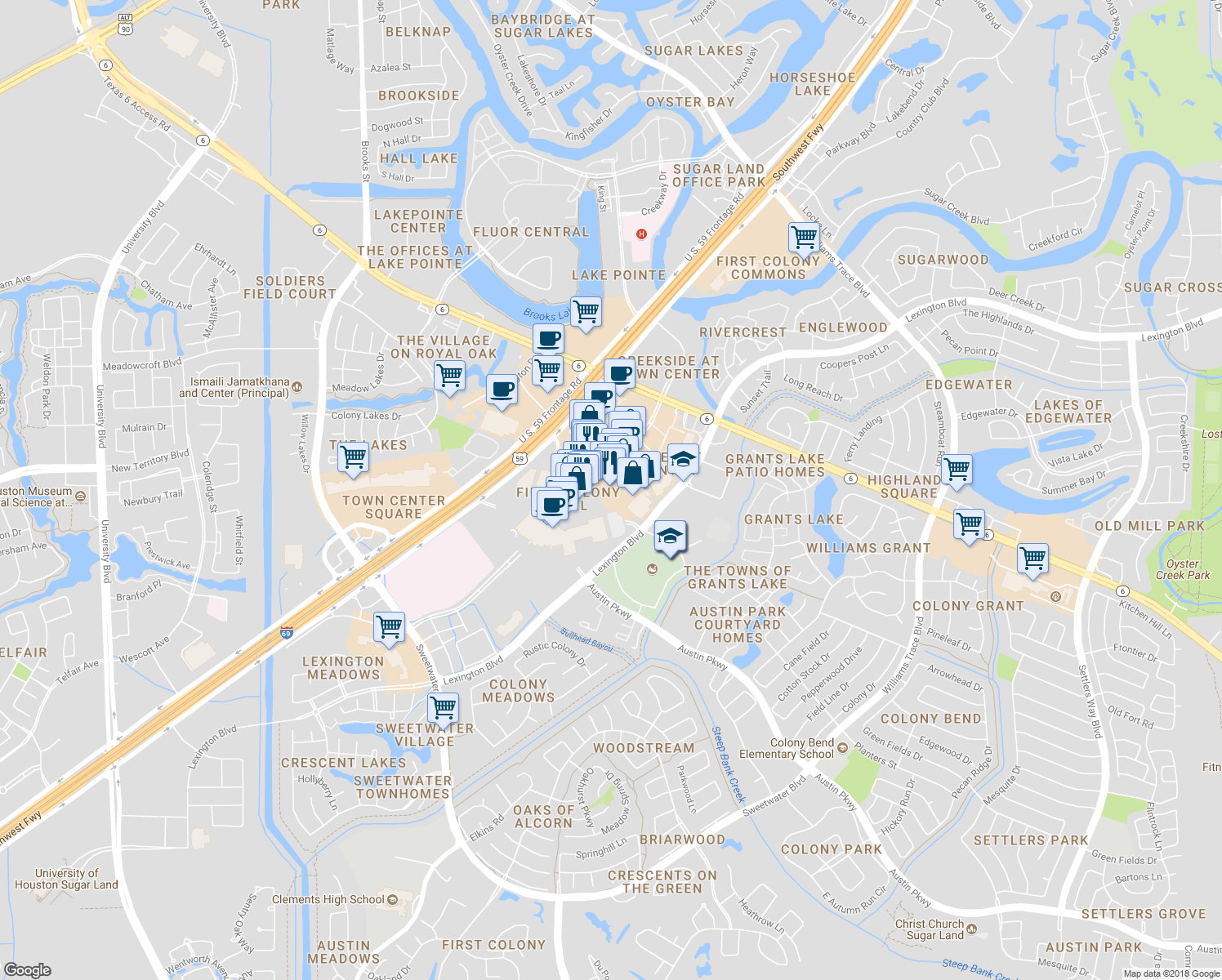 map of restaurants, bars, coffee shops, grocery stores, and more near 2735 Town Center Boulevard North in Sugar Land