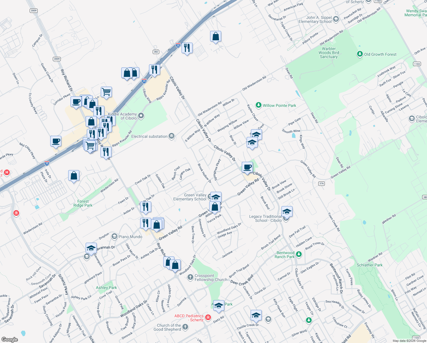 map of restaurants, bars, coffee shops, grocery stores, and more near 153 Springtree Parkway in Cibolo