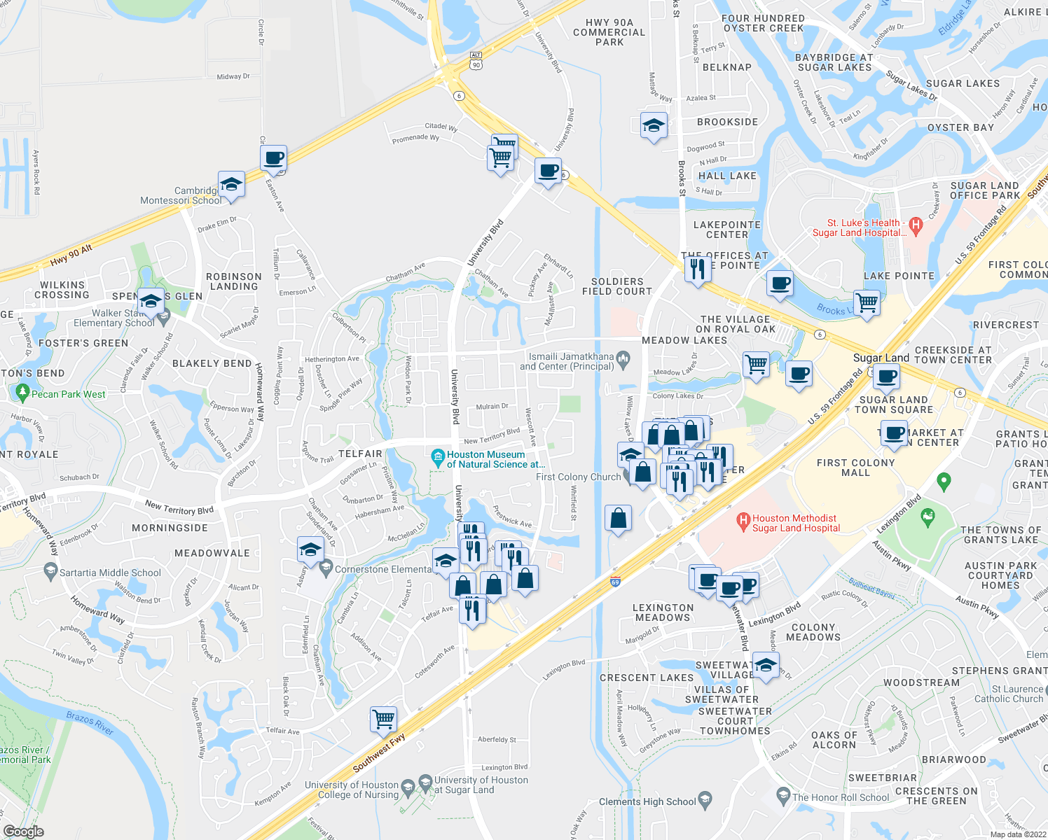 map of restaurants, bars, coffee shops, grocery stores, and more near 1215 Bainbridge Drive in Sugar Land