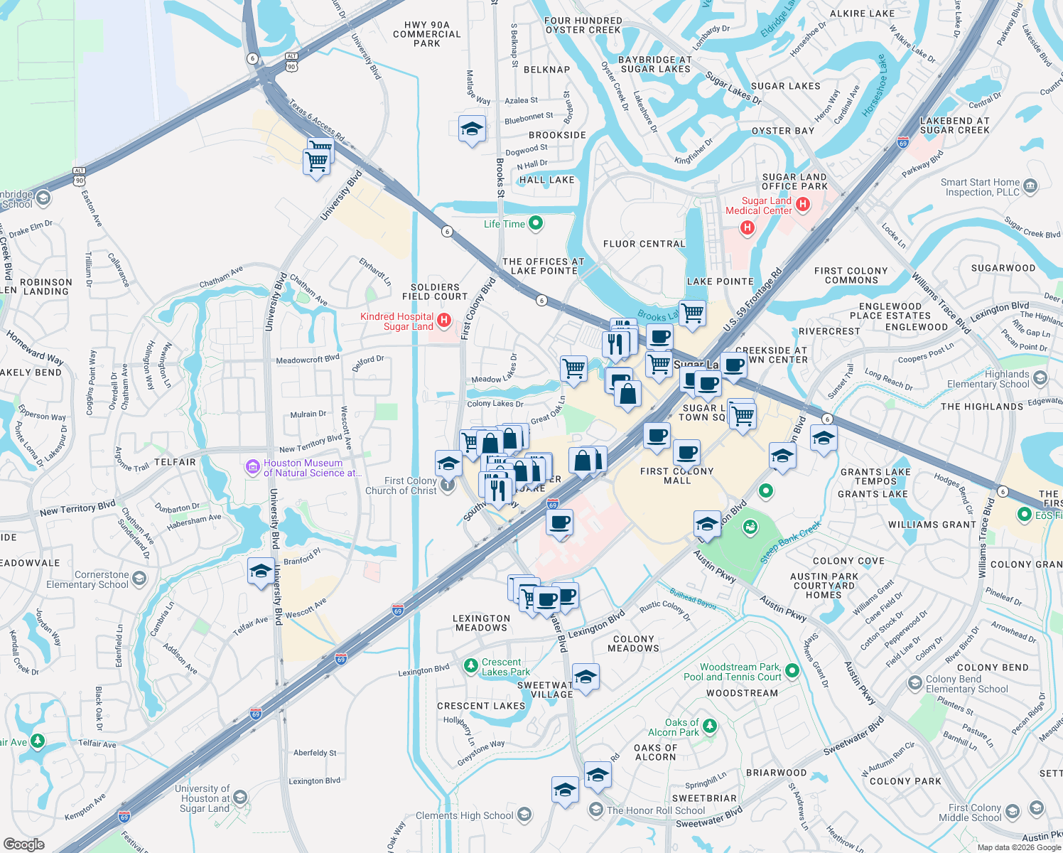 map of restaurants, bars, coffee shops, grocery stores, and more near 1906 Rosebay Court in Sugar Land
