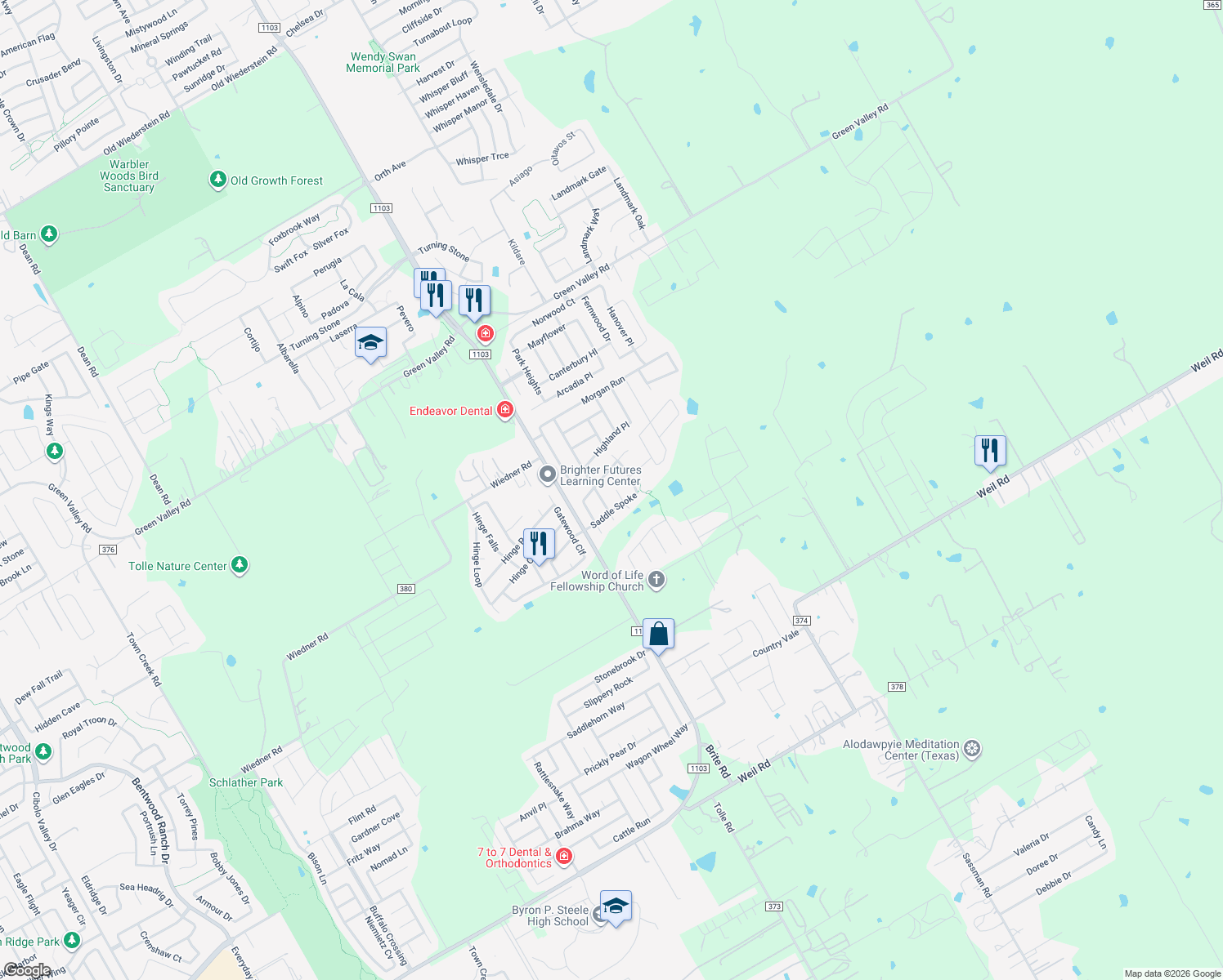map of restaurants, bars, coffee shops, grocery stores, and more near 217 White Trail in Cibolo