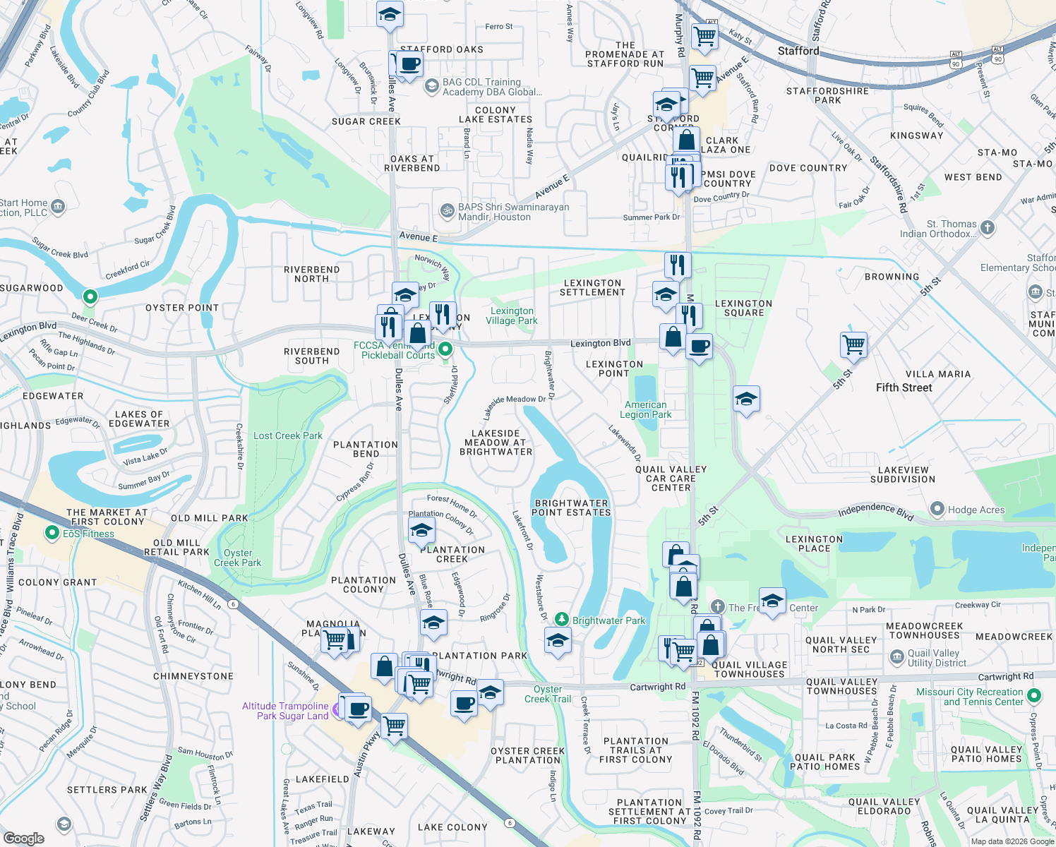 map of restaurants, bars, coffee shops, grocery stores, and more near 1615 Northshore Drive in Missouri City