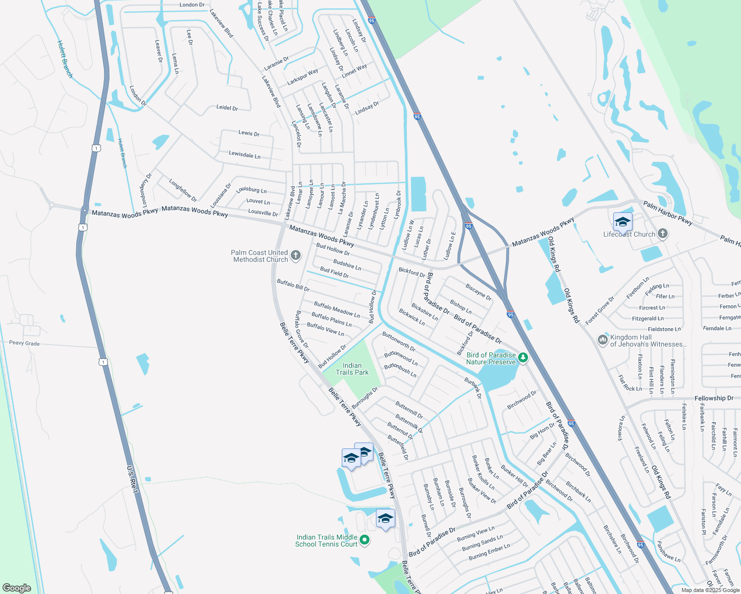 map of restaurants, bars, coffee shops, grocery stores, and more near 63 Bud Hollow Dr in Palm Coast