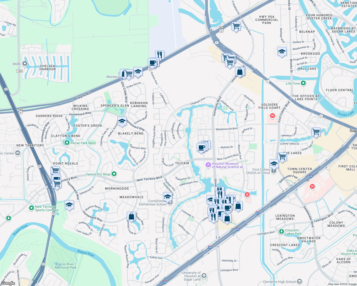 map of restaurants, bars, coffee shops, grocery stores, and more near 7018 Spindle Pine Way in Sugar Land