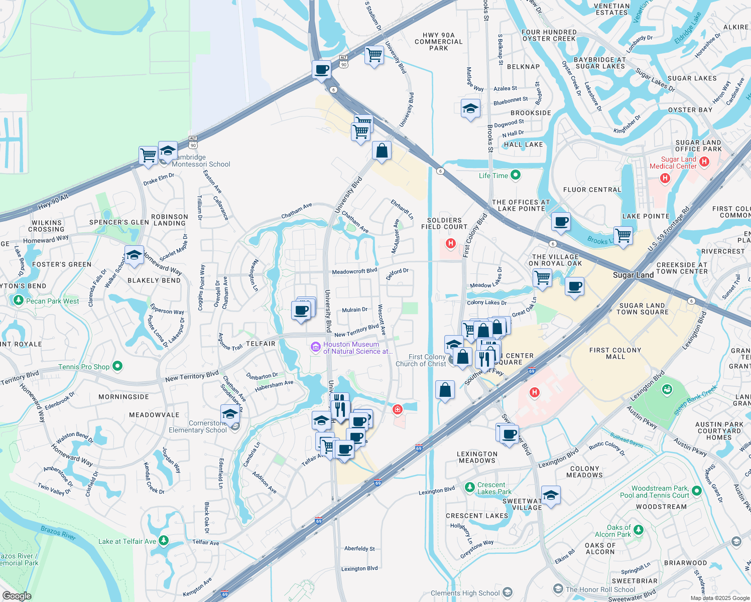 map of restaurants, bars, coffee shops, grocery stores, and more near 1103 Bainbridge Drive in Sugar Land