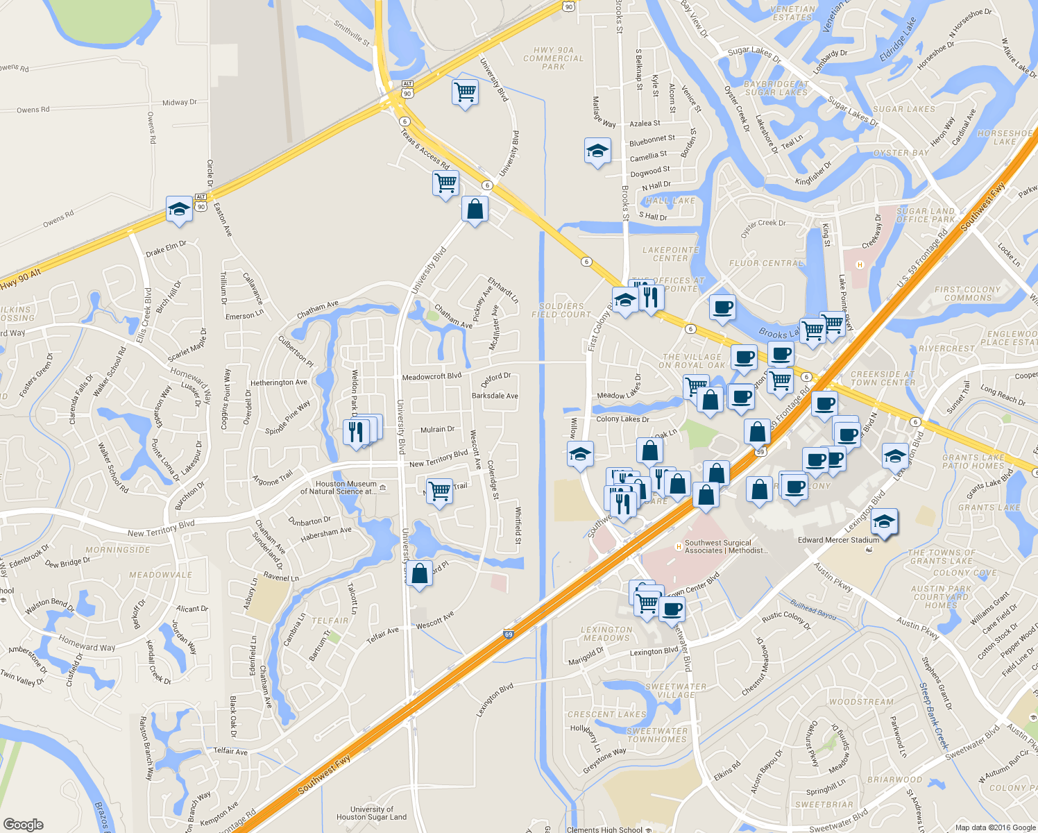 map of restaurants, bars, coffee shops, grocery stores, and more near 7642 Westmoreland Drive in Sugar Land