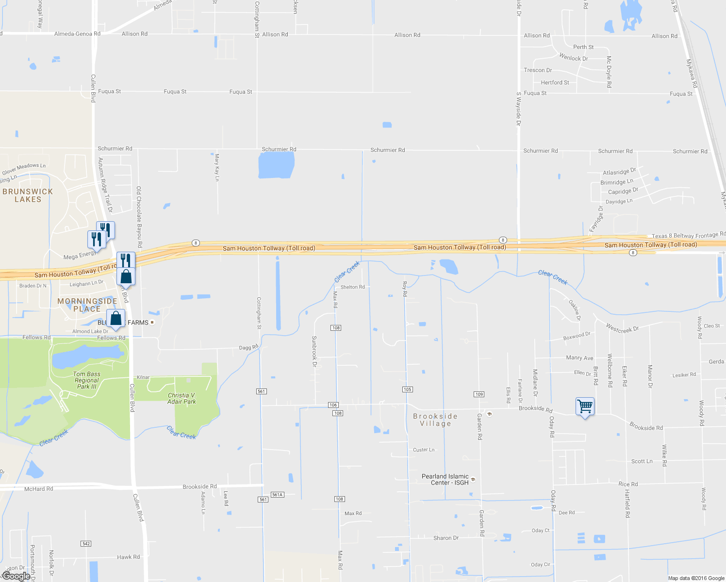 map of restaurants, bars, coffee shops, grocery stores, and more near 5302 Shelton Road in Brookside Village