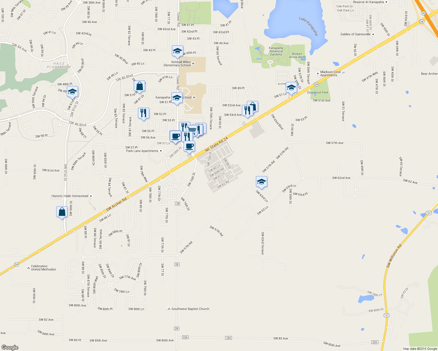 map of restaurants, bars, coffee shops, grocery stores, and more near 2806 Southwest 62 Road in Gainesville