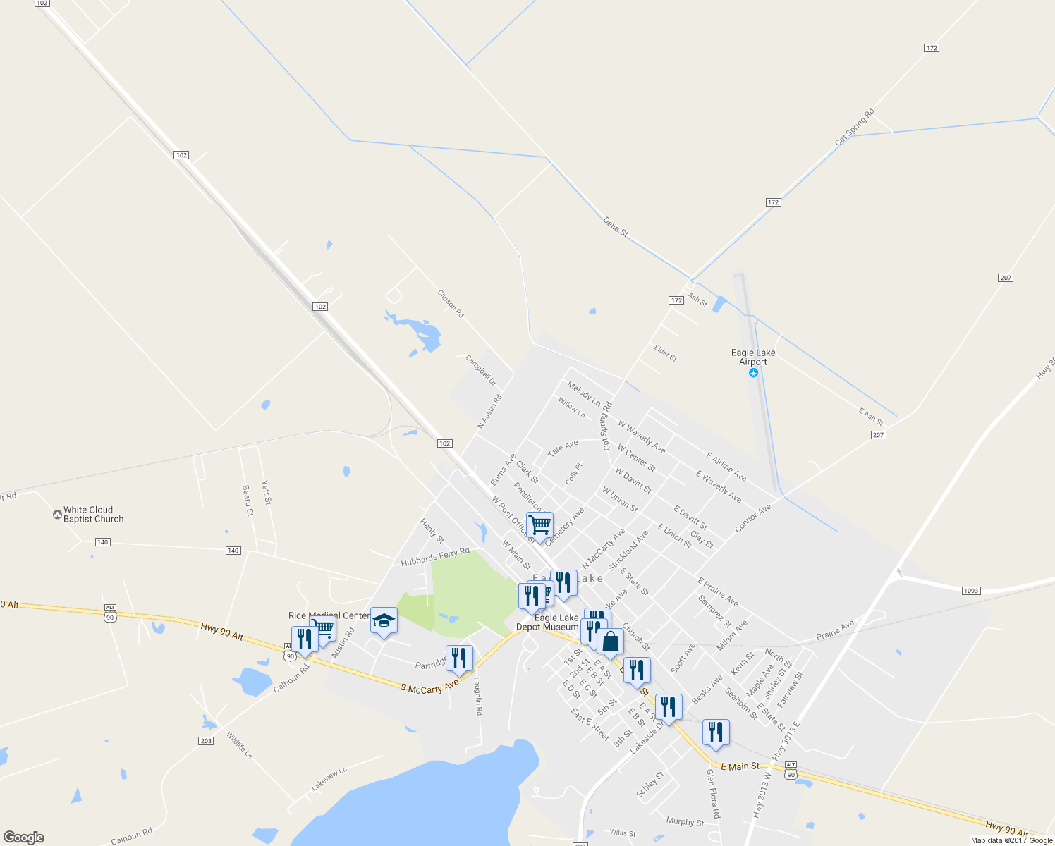 map of restaurants, bars, coffee shops, grocery stores, and more near 701 Burns Avenue in Eagle Lake