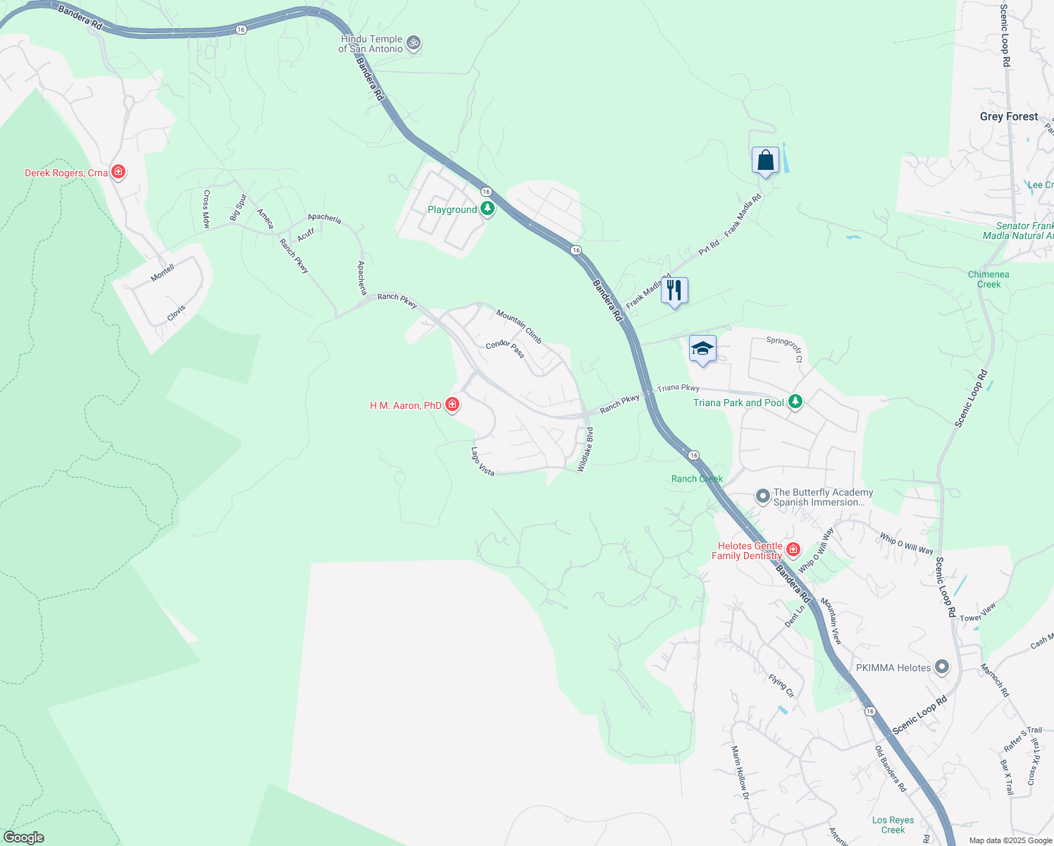 map of restaurants, bars, coffee shops, grocery stores, and more near 16605 Loma Landing in Helotes
