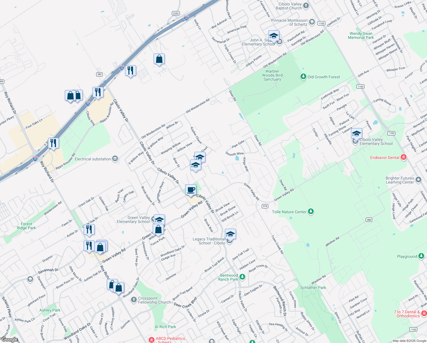 map of restaurants, bars, coffee shops, grocery stores, and more near 2501 Green Valley Road in Cibolo
