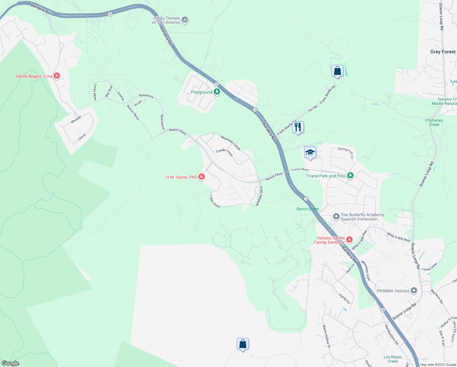 map of restaurants, bars, coffee shops, grocery stores, and more near 16605 Loma Landing in Helotes