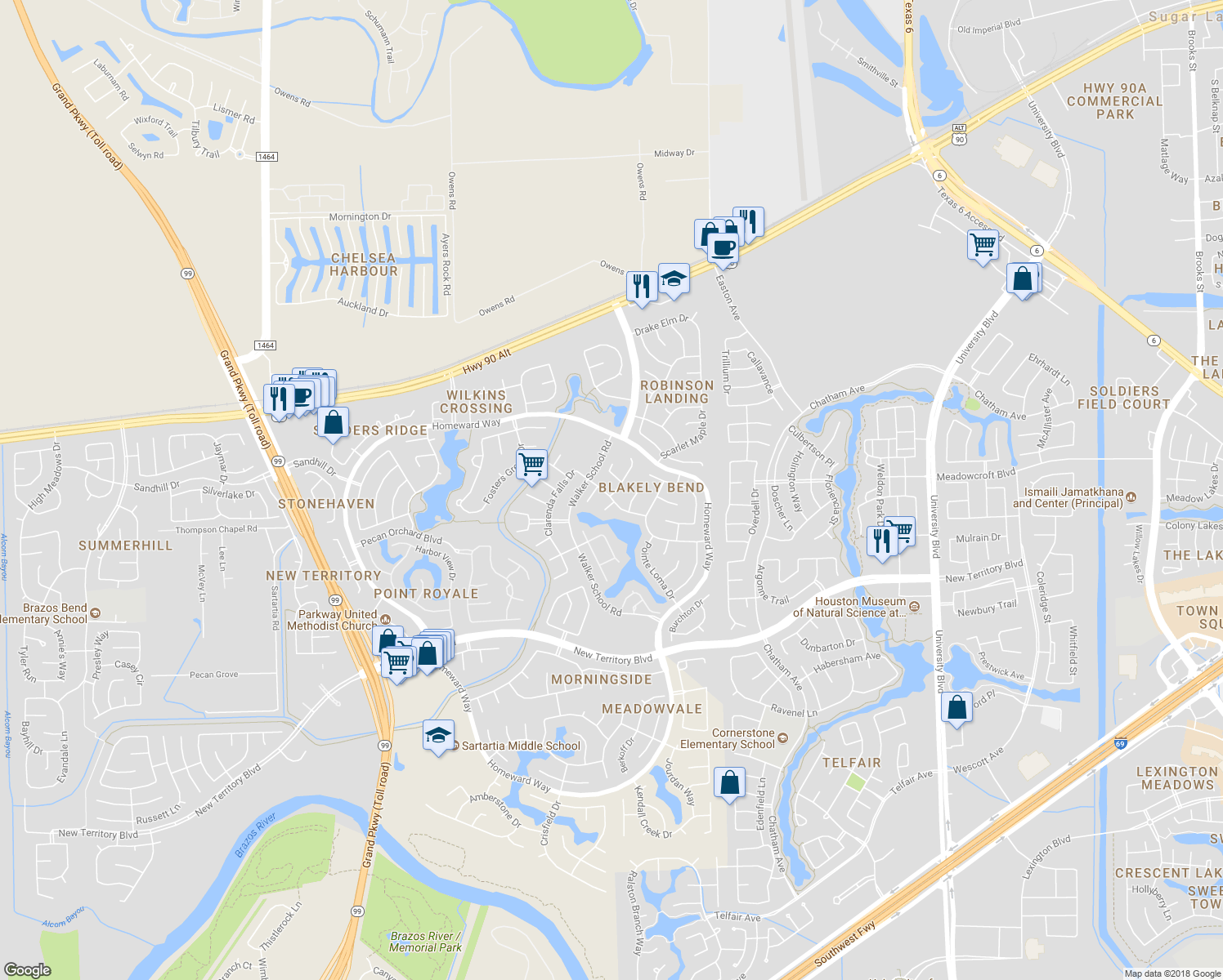 map of restaurants, bars, coffee shops, grocery stores, and more near 658 Clarenda Falls Drive in Sugar Land