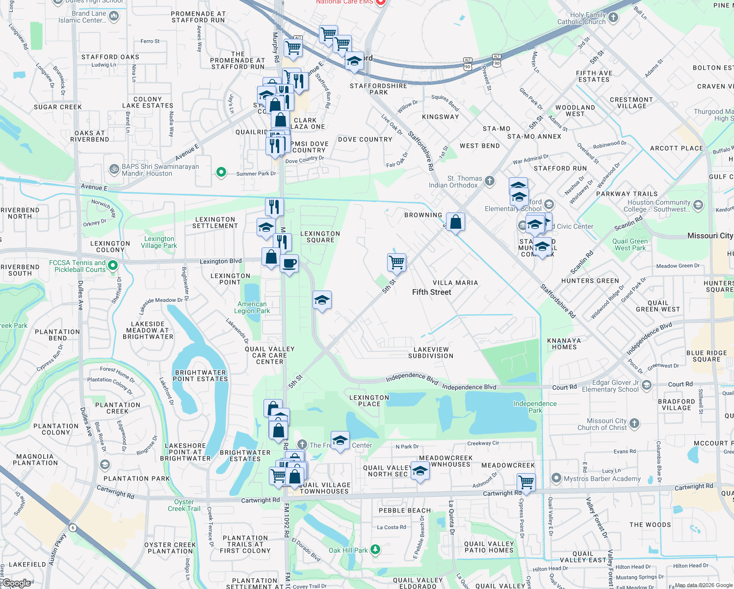 map of restaurants, bars, coffee shops, grocery stores, and more near 1122 Rosas Street in Stafford